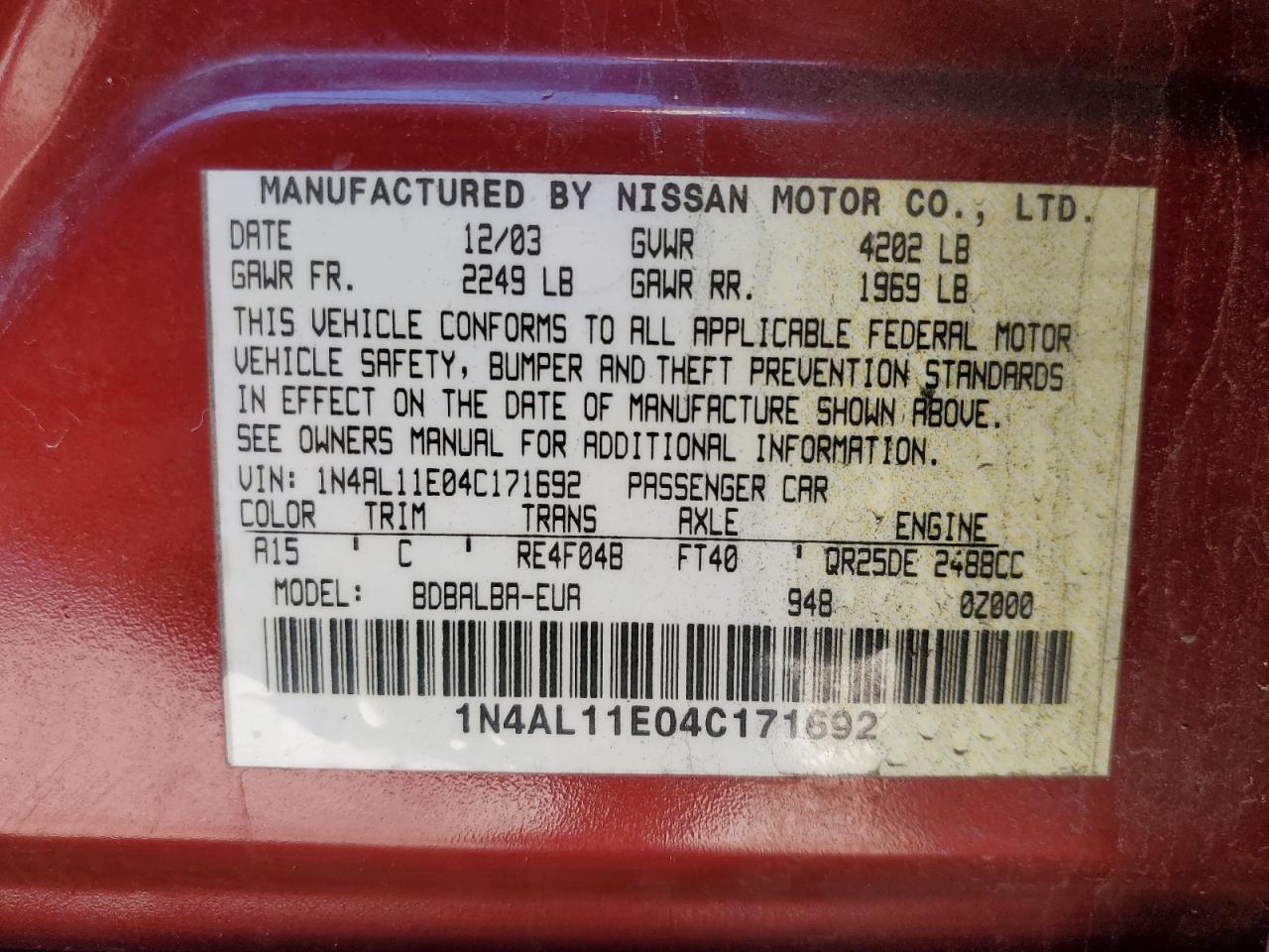 2004 Nissan Altima Base VIN: 1N4AL11E04C171692 Lot: 62827965