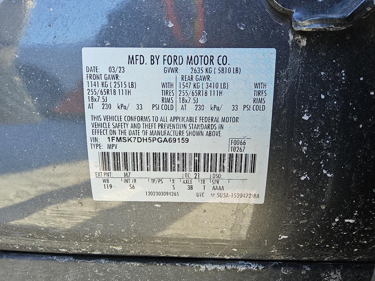 2023 Ford Explorer Xlt VIN: 1FMSK7DH5PGA69159 Lot: 41675345