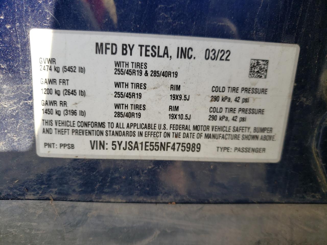 2022 Tesla Model S VIN: 5YJSA1E55NF475989 Lot: 88104975
