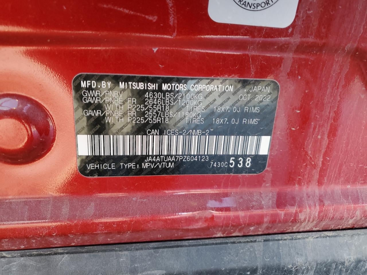 2023 Mitsubishi Eclipse Cross Es VIN: JA4ATUAA7PZ604123 Lot: 89009635