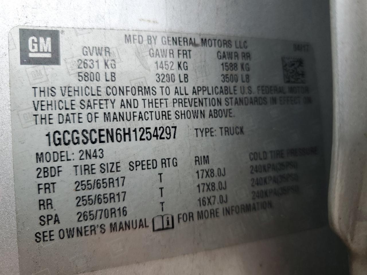 2017 Chevrolet Colorado Lt VIN: 1GCGSCEN6H1254297 Lot: 87813605