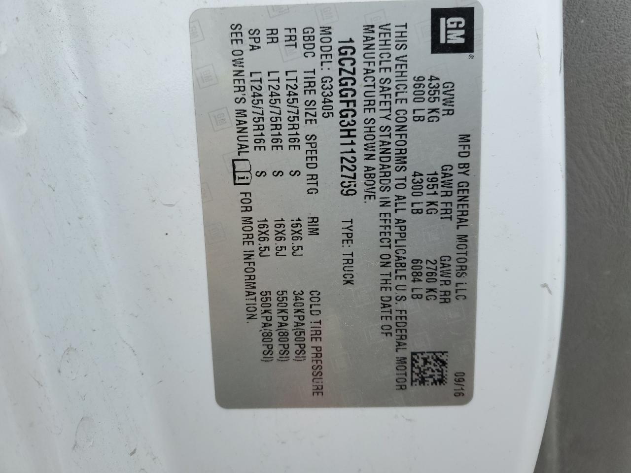 2017 Chevrolet Express G3500 VIN: 1GCZGGFG3H1122759 Lot: 88526645