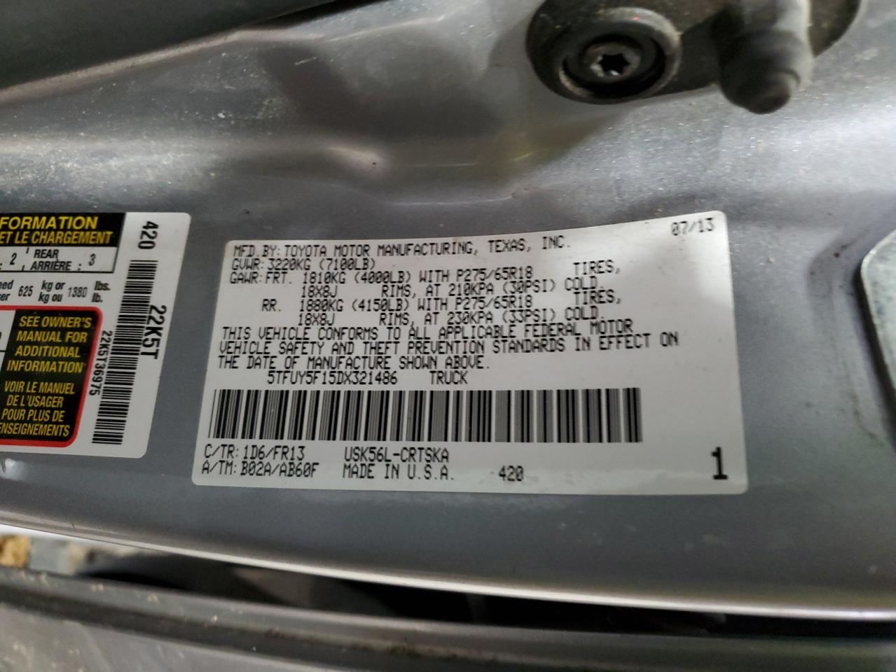 2013 Toyota Tundra Double Cab Sr5 VIN: 5TFUY5F15DX321486 Lot: 87170704