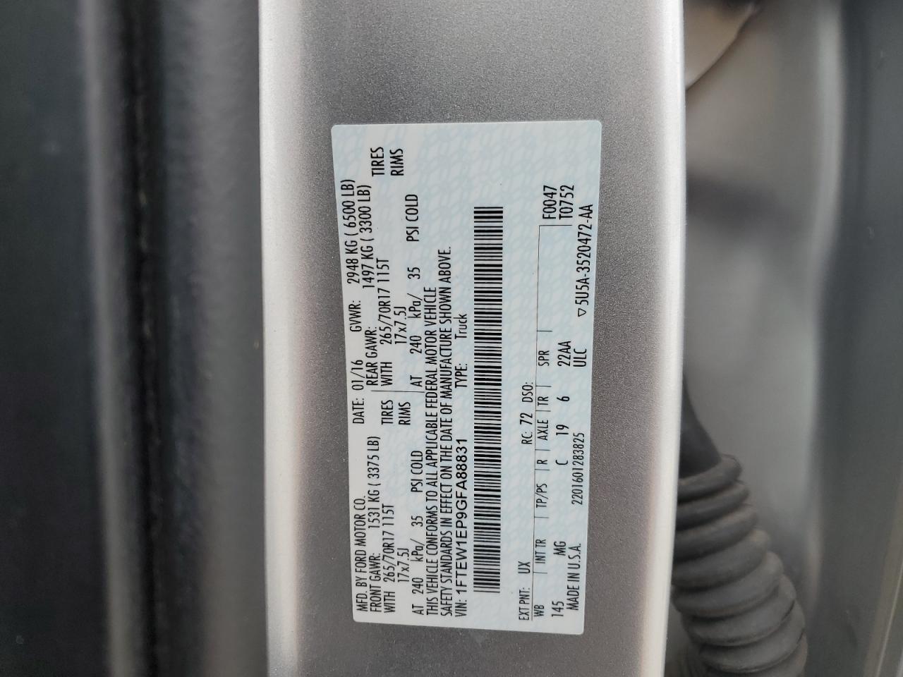 2016 Ford F150 Supercrew VIN: 1FTEW1EP9GFA88831 Lot: 87621885