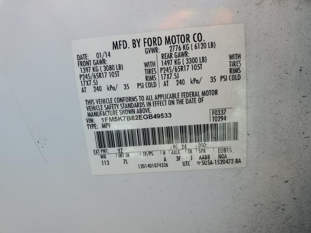 2014 Ford Explorer VIN: 1FM5K7B82EGB49533 Lot: 88070135