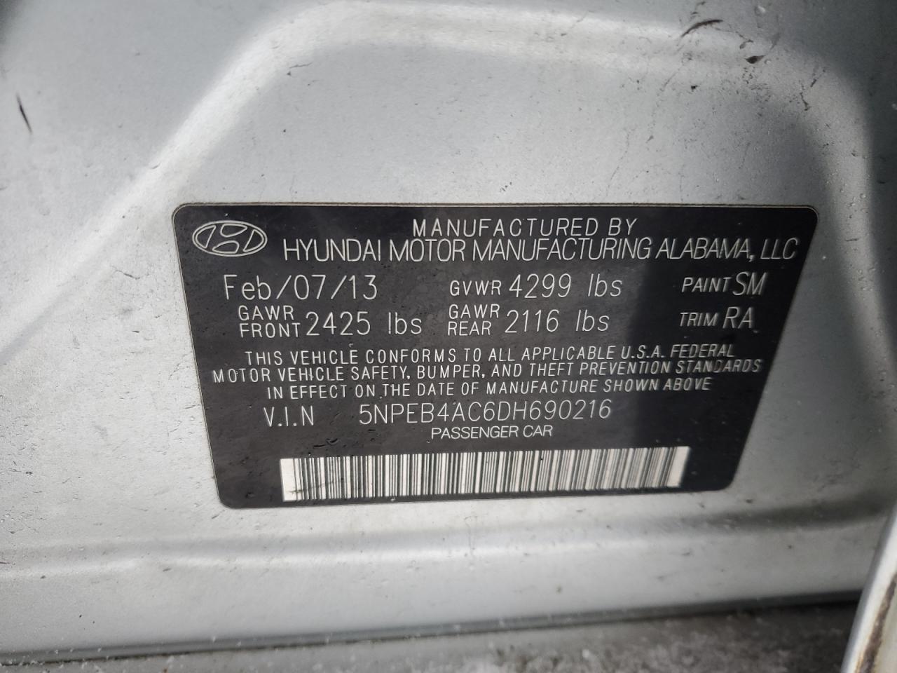 2013 Hyundai Sonata Gls VIN: 5NPEB4AC6DH690216 Lot: 42165775