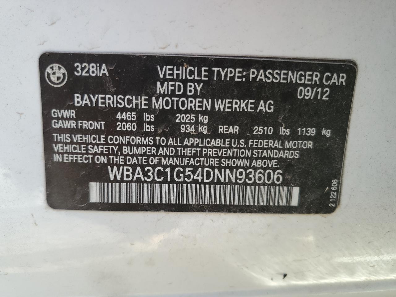 VIN WBA3C1G54DNN93606 2013 BMW 3 SERIES no.12