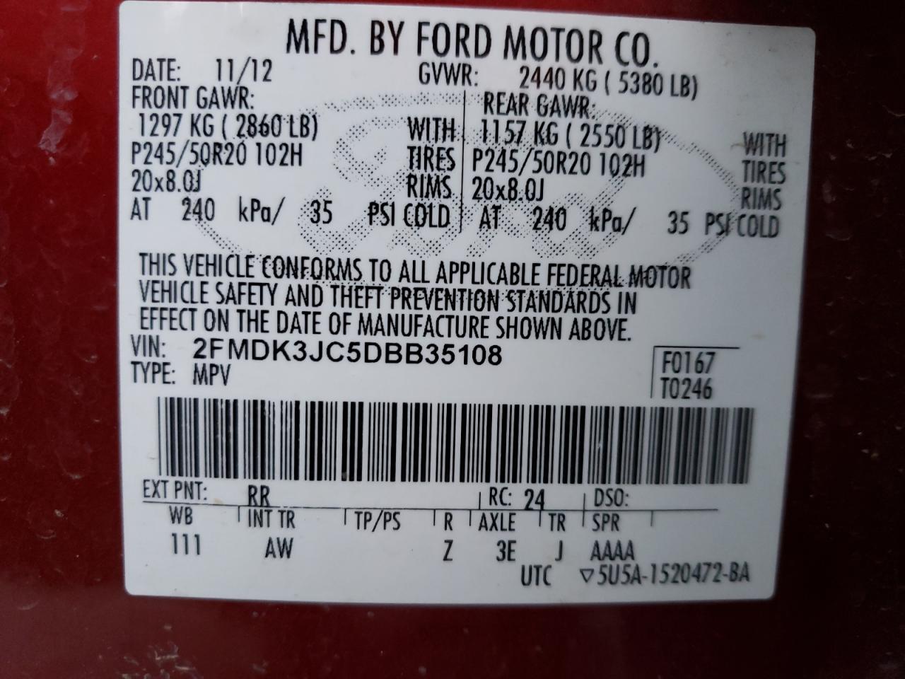 VIN 2FMDK3JC5DBB35108 2013 FORD EDGE no.13