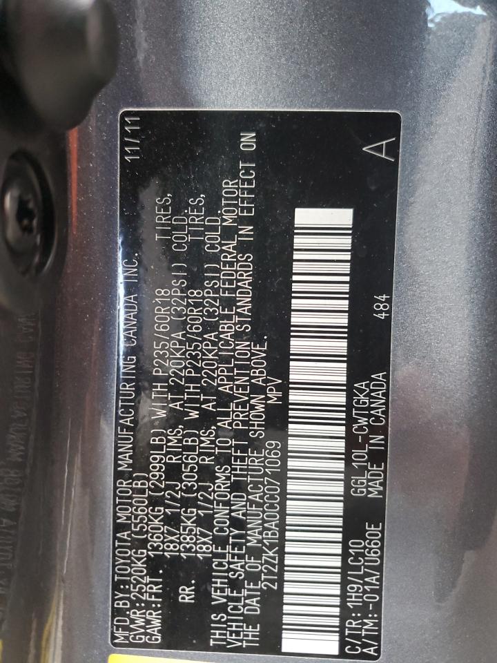 2012 Lexus Rx 350 VIN: 2T2ZK1BA0CC071069 Lot: 87462734