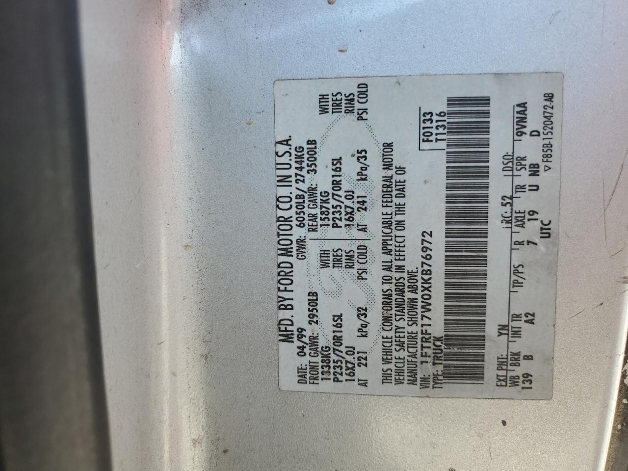 1999 Ford F150 VIN: 1FTRF17W0XKB76972 Lot: 41667295