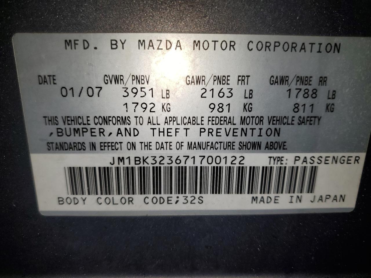 2007 Mazda 3 S VIN: 700122 Lot: 42879355