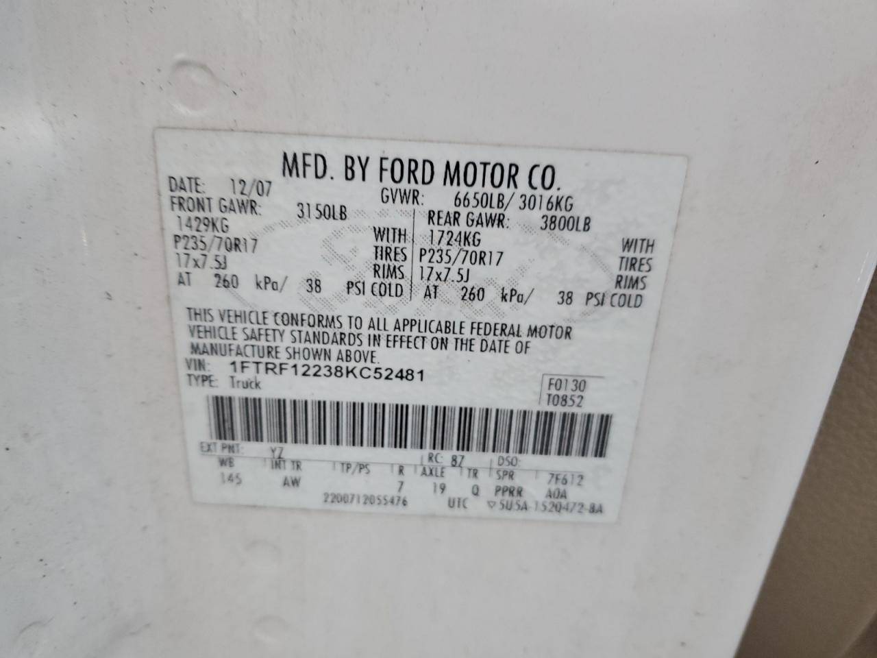 2008 Ford F150 VIN: 1FTRF12238KC52481 Lot: 88339335