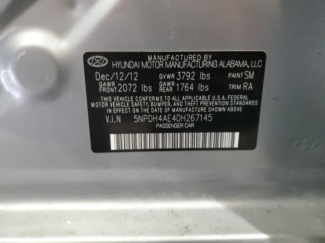 2013 Hyundai Elantra Gls VIN: 5NPDH4AE4DH267145 Lot: 88254785