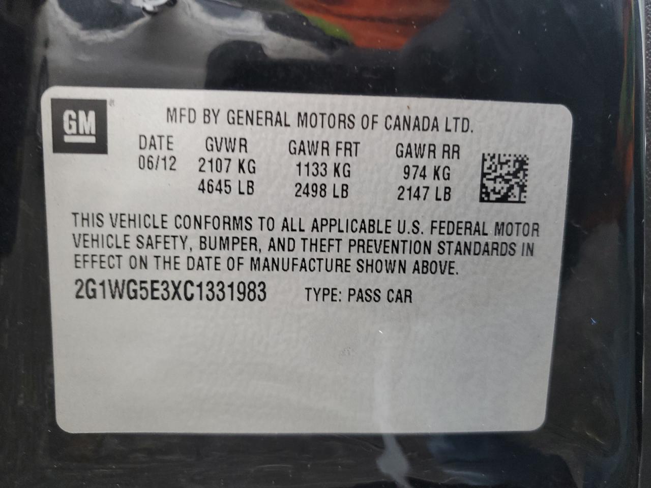 2012 Chevrolet Impala Lt VIN: 2G1WG5E3XC1331983 Lot: 87349524