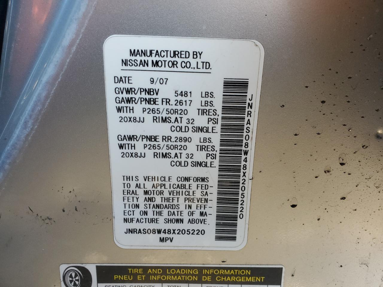 2008 Infiniti Fx35 VIN: JNRAS08W48X205220 Lot: 87655185