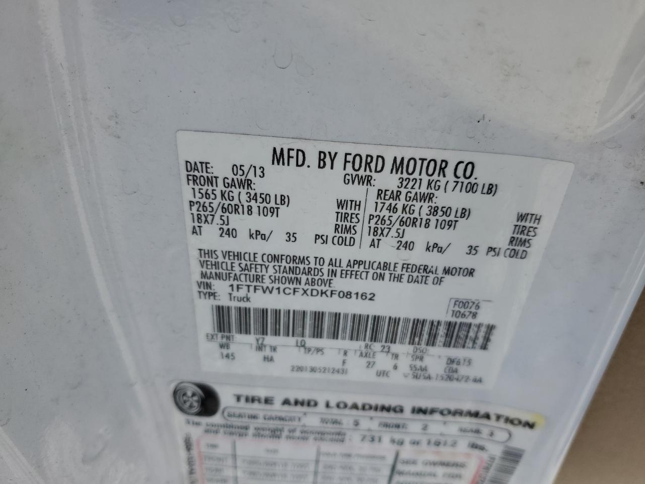 2013 Ford F150 Supercrew VIN: 1FTFW1CFXDKF08162 Lot: 60628855