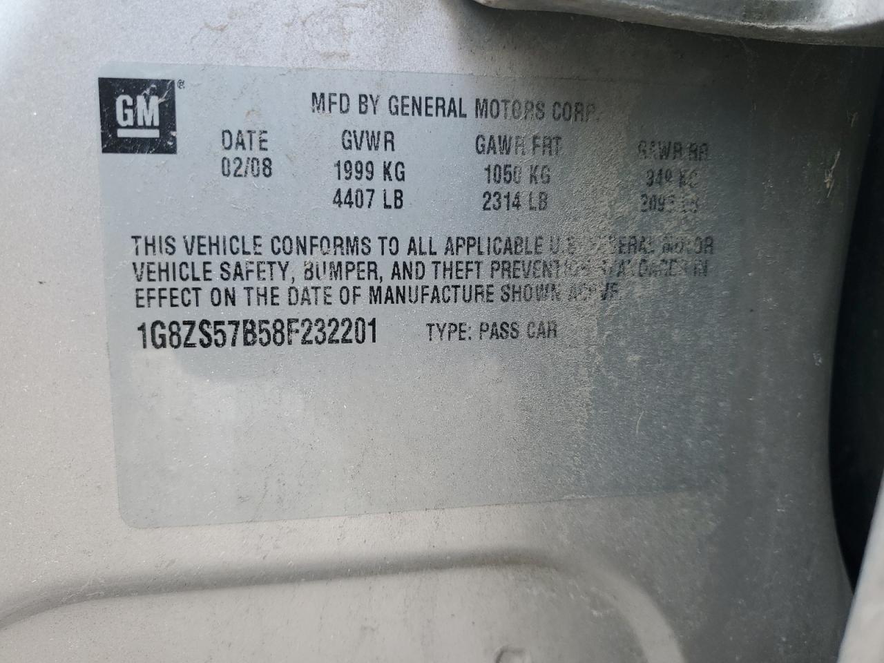 2008 Saturn Aura Xe VIN: 1G8ZS57B58F232201 Lot: 88203835