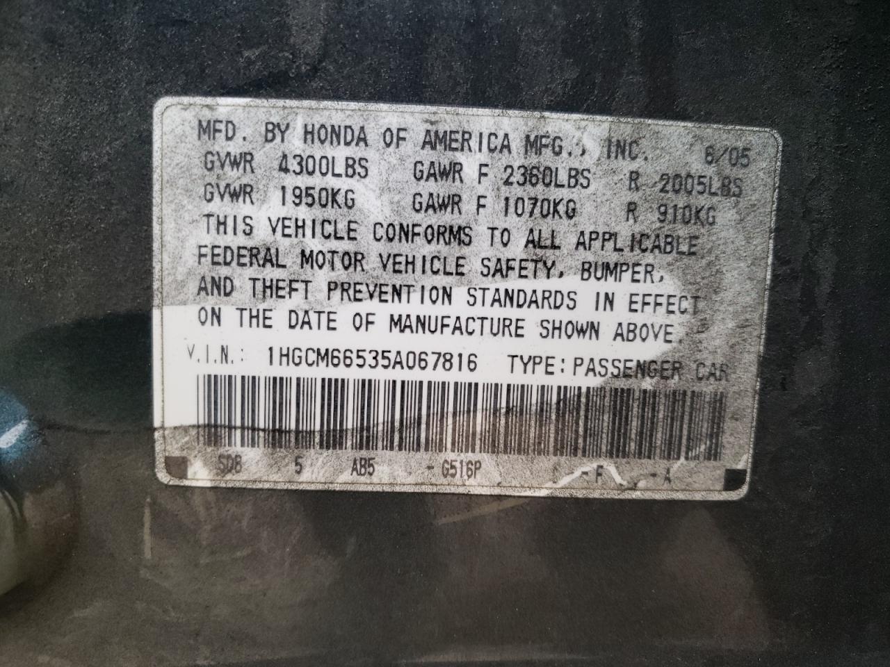 2005 Honda Accord Ex VIN: 1HGCM66535A067816 Lot: 88005365