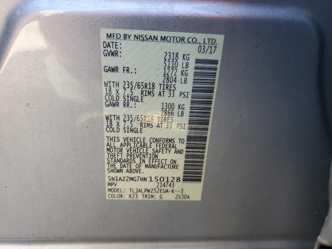 2017 Nissan Murano S VIN: 5N1AZ2MG7HN150128 Lot: 42364105