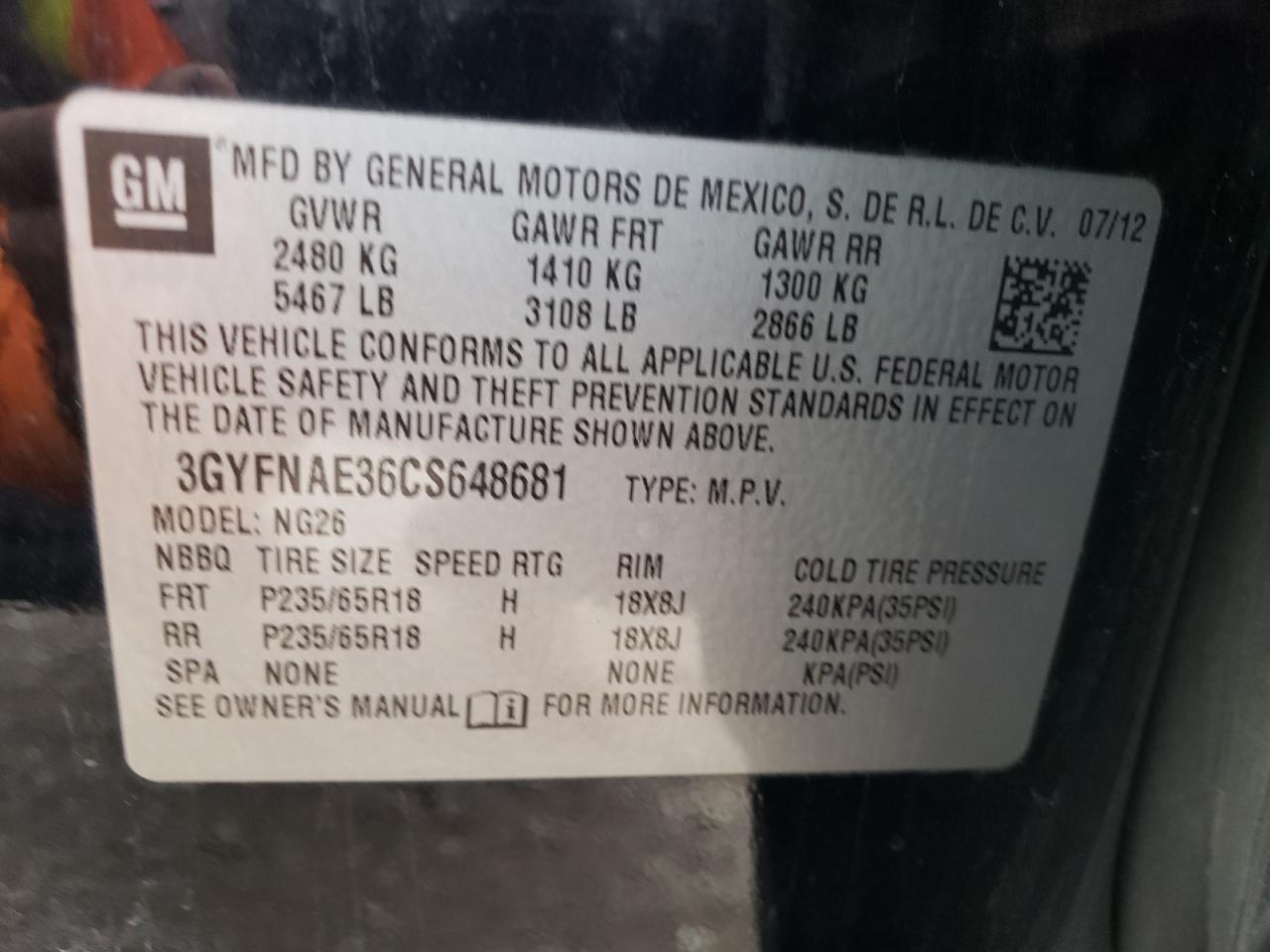 2012 Cadillac Srx Luxury Collection VIN: 3GYFNAE36CS648681 Lot: 58712355