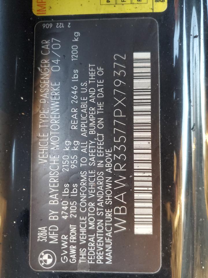 2007 BMW 328 I Sulev VIN: WBAWR33577PX79372 Lot: 88279665