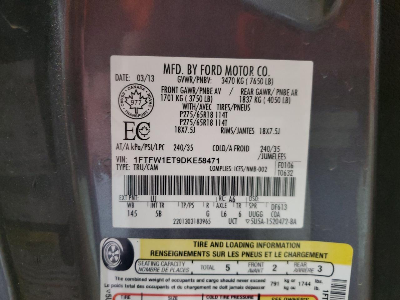 2013 Ford F150 Supercrew VIN: 1FTFW1ET9DKE58471 Lot: 41831145