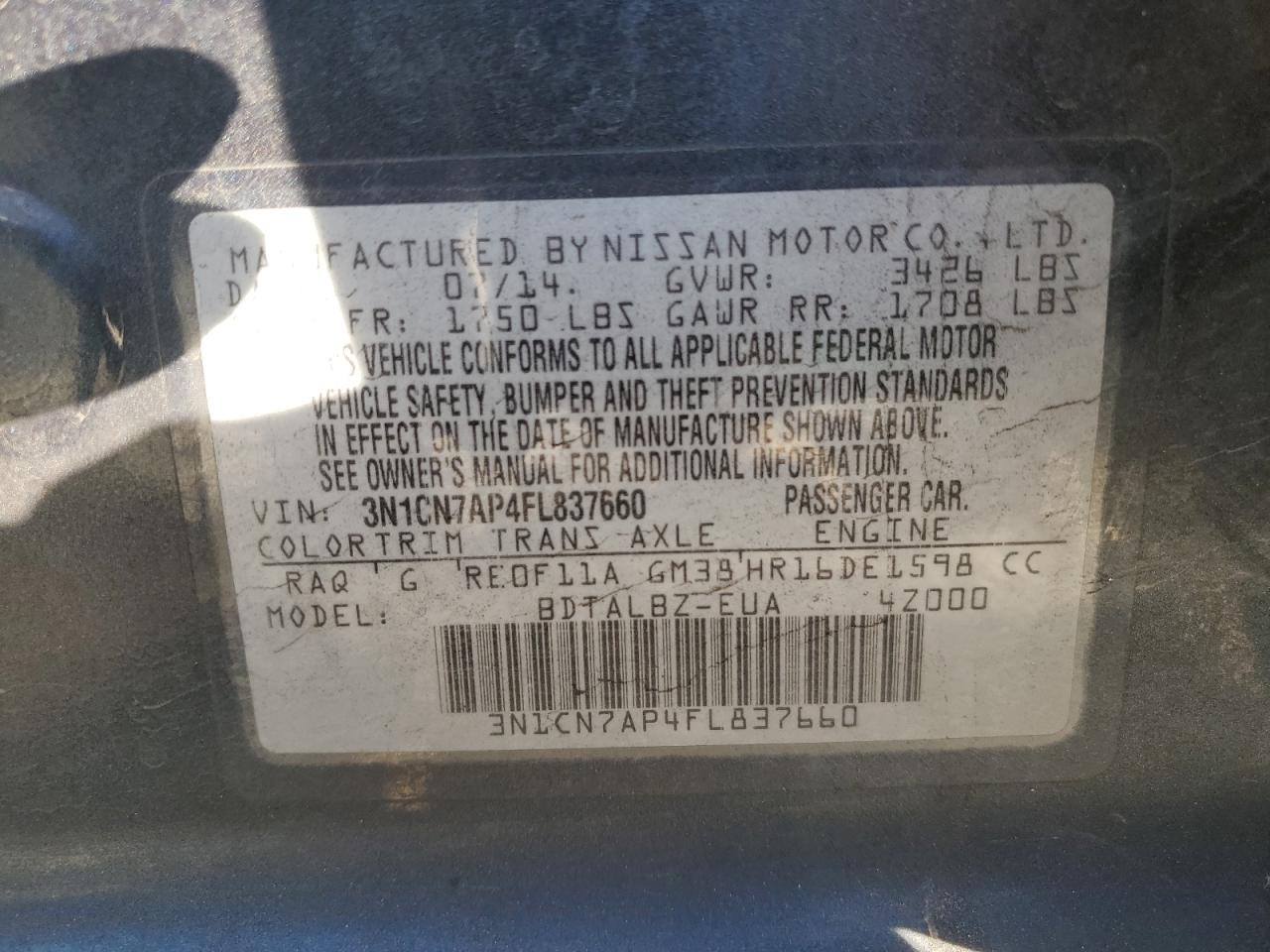 VIN 3N1CN7AP4FL837660 2015 NISSAN VERSA no.12