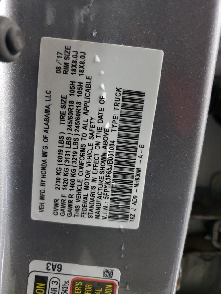 2018 Honda Ridgeline Rtl VIN: 5FPYK3F65JB001004 Lot: 89132755