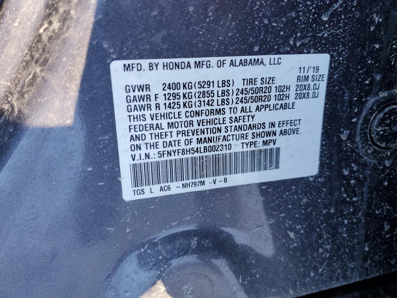 2020 Honda Passport Exl VIN: 5FNYF8H54LB002310 Lot: 42425915