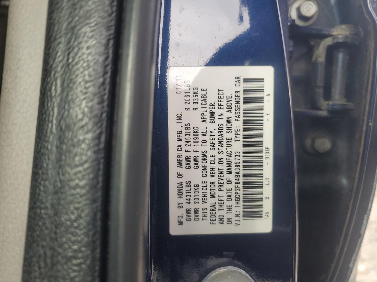 HONDA ACCORD 2011 VIN 1HGCP2F84BA085733 zdjęcie 12