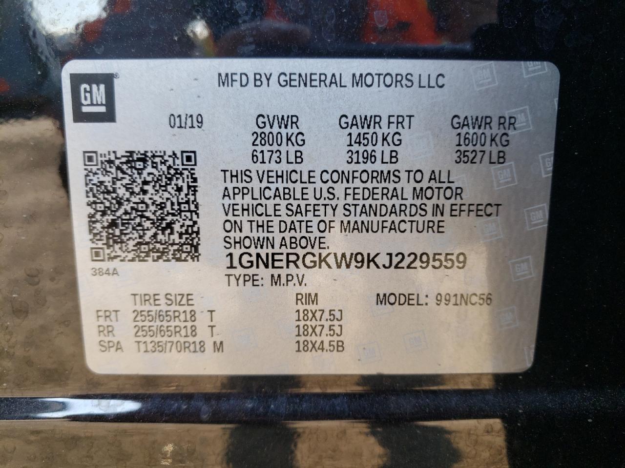 2019 Chevrolet Traverse Lt VIN: 1GNERGKW9KJ229559 Lot: 88165345