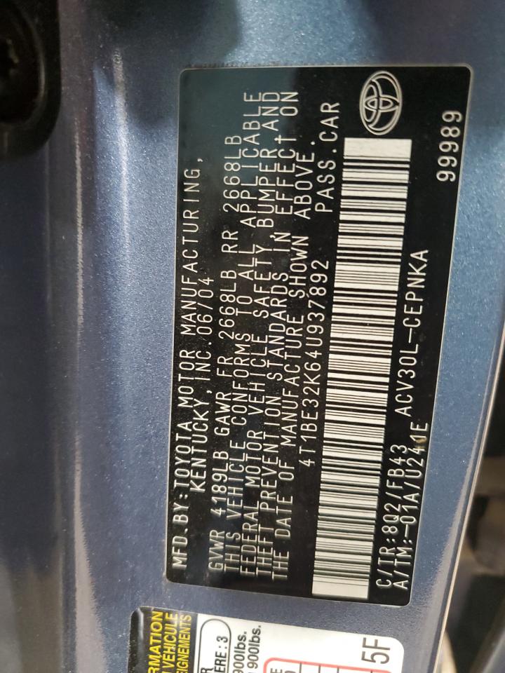 2004 Toyota Camry Le VIN: CA9GRB288 Lot: 87221774