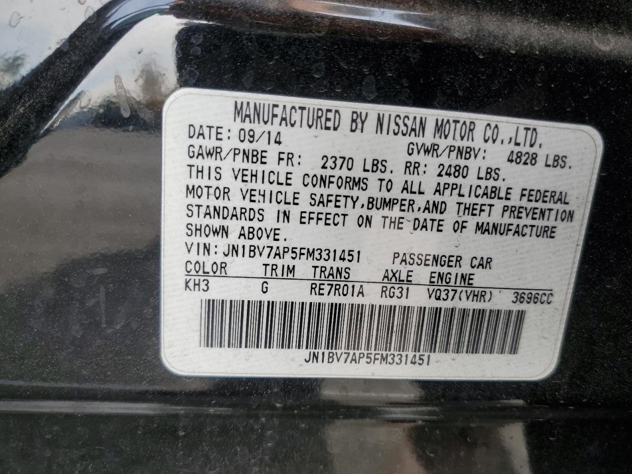 2015 Infiniti Q50 Base VIN: JN1BV7AP5FM331451 Lot: 63052025