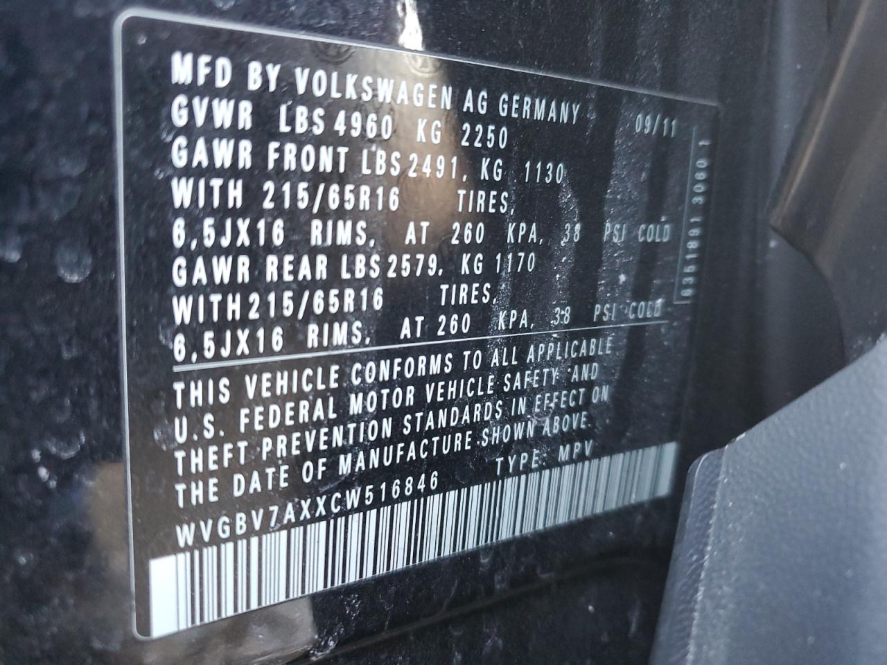 2012 Volkswagen Tiguan S VIN: WVGBV7AXXCW516846 Lot: 89361845