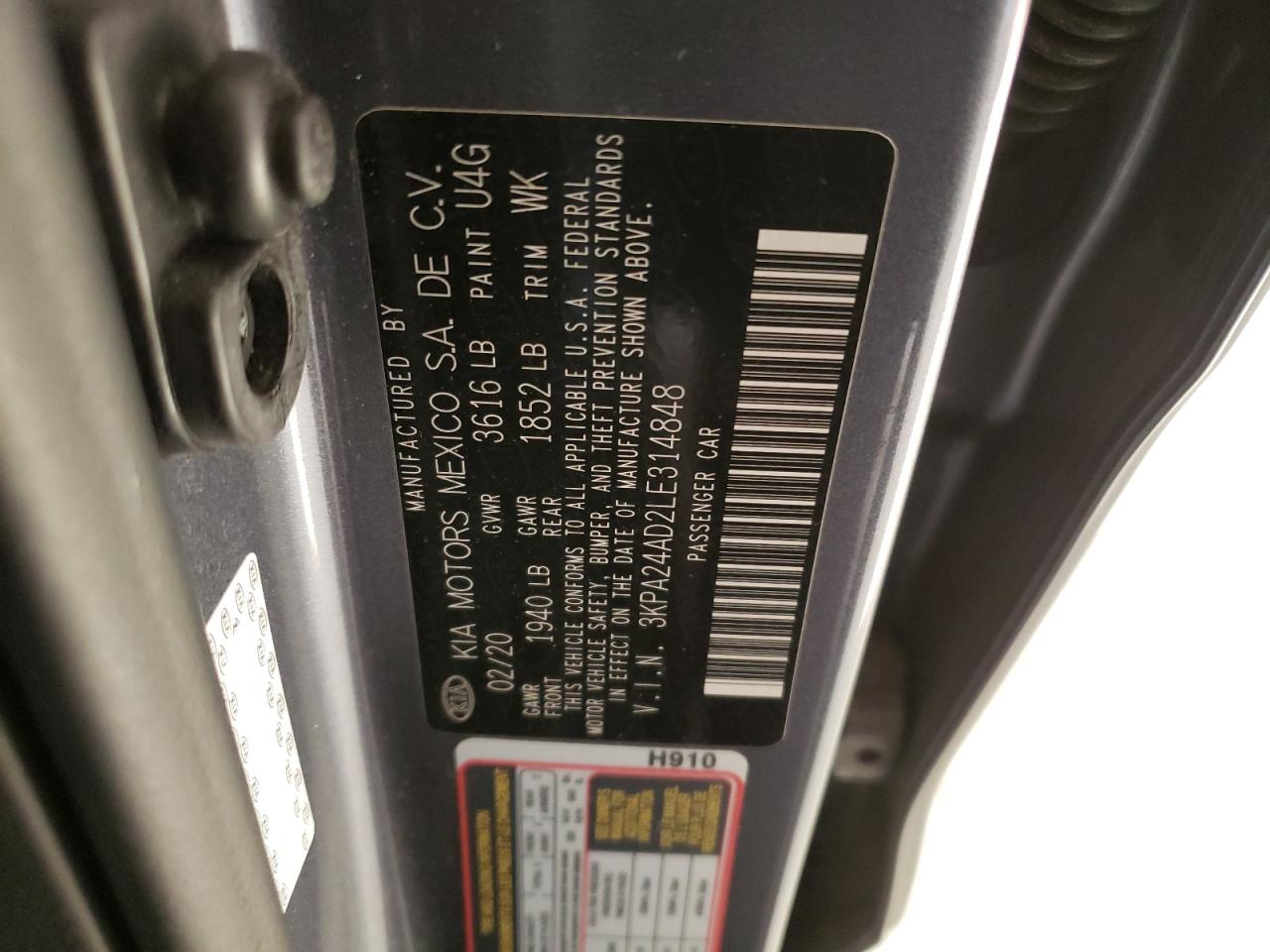 2020 Kia Rio Lx VIN: 3KPA24AD2LE314848 Lot: 88809055