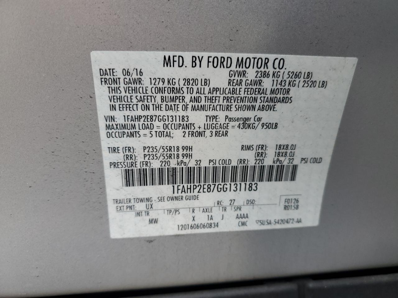 VIN 1FAHP2E87GG131183 2016 FORD TAURUS no.12