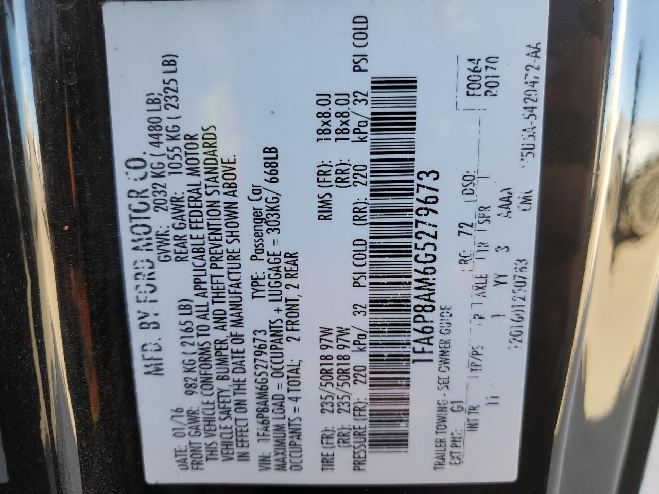 2016 Ford Mustang VIN: 1FA6P8AM6G5279673 Lot: 41826685