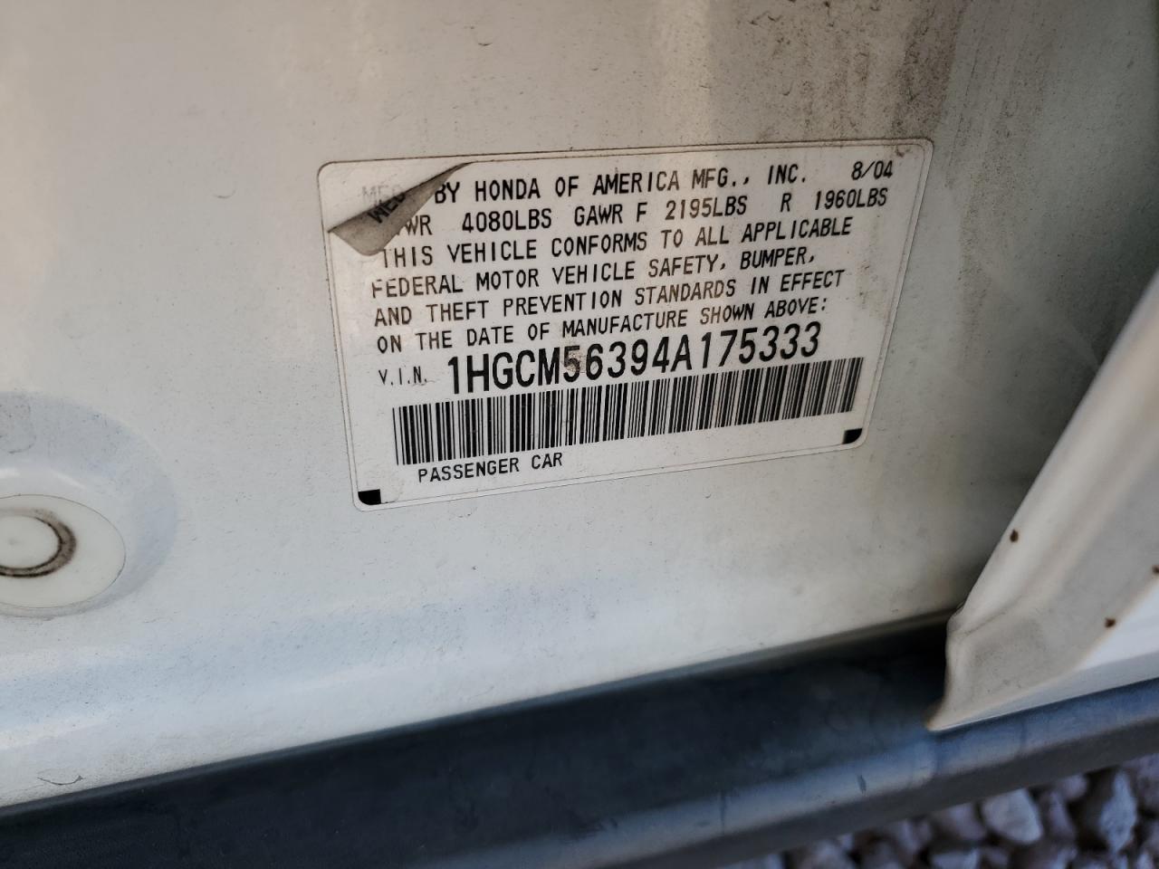 2004 Honda Accord Lx VIN: 1HGCM56394A175333 Lot: 87825445