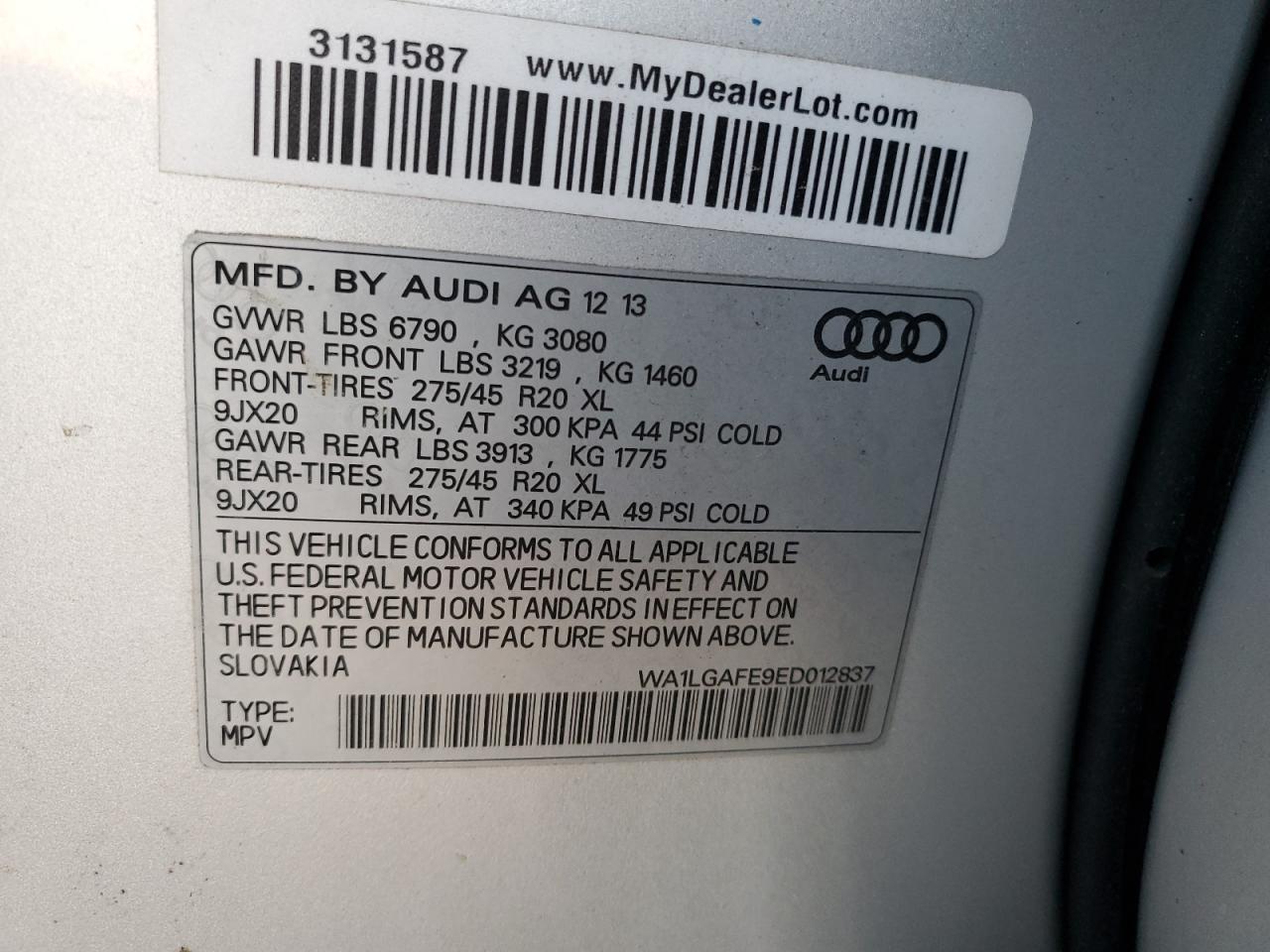 VIN WA1LGAFE9ED012837 2014 AUDI Q7 no.13