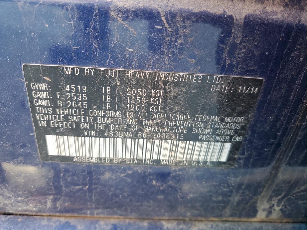 2015 Subaru Legacy 2.5I Limited VIN: 4S3BNAL66F3036315 Lot: 87421094