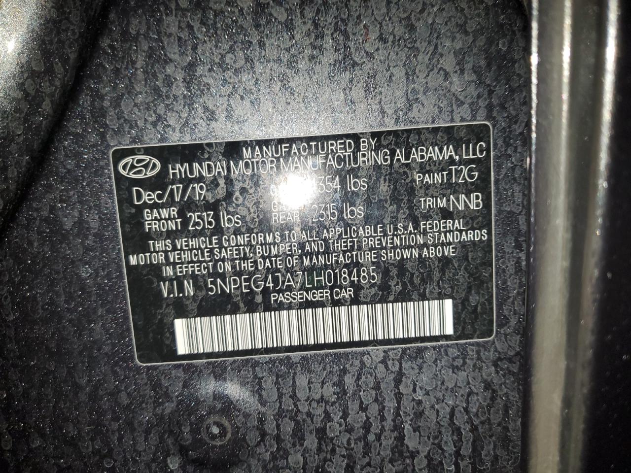 2020 Hyundai Sonata Se VIN: 018485 Lot: 42260225