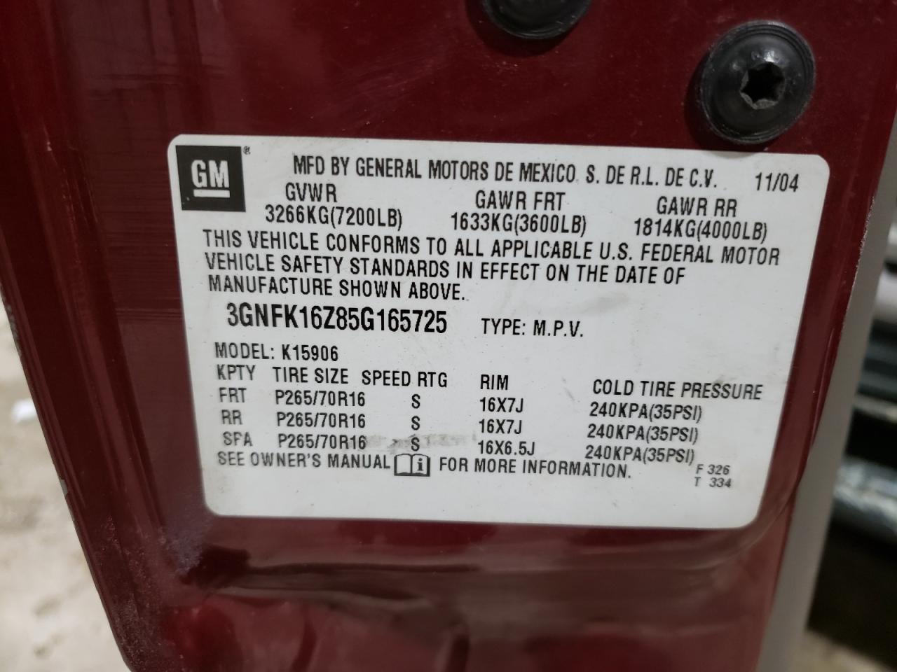 2005 Chevrolet Suburban K1500 VIN: 3GNFK16Z85G165725 Lot: 41386595