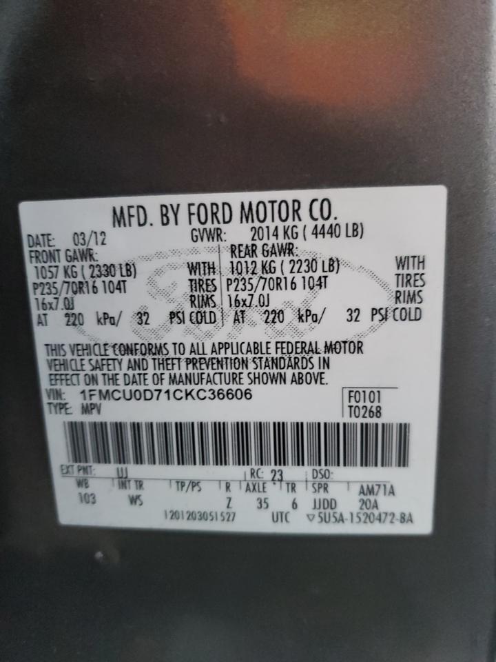 2012 Ford Escape Xlt VIN: 1FMCU0D71CKC36606 Lot: 88600395