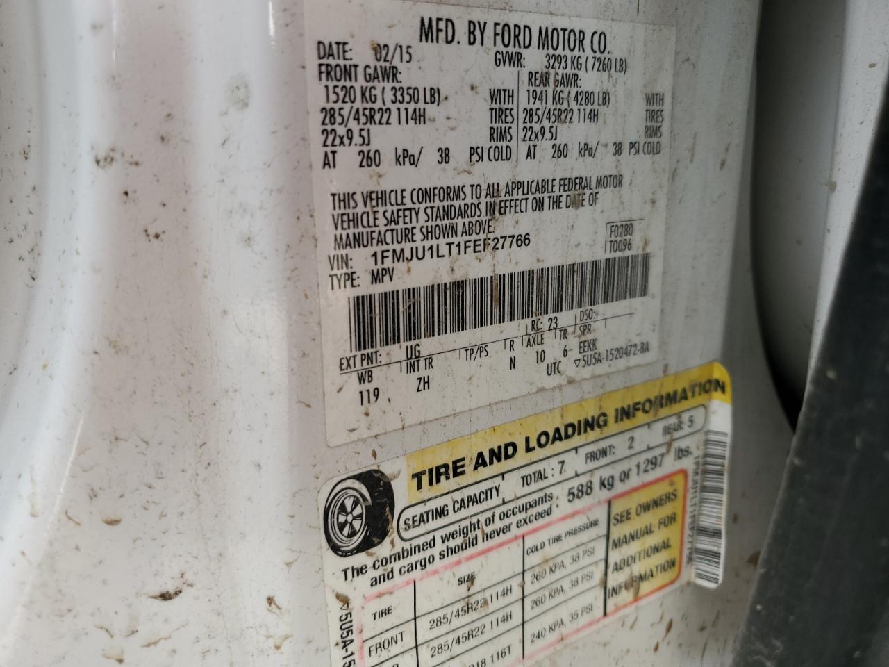 2015 Ford Expedition Platinum VIN: 1FMJU1LT1FEF27766 Lot: 88275765