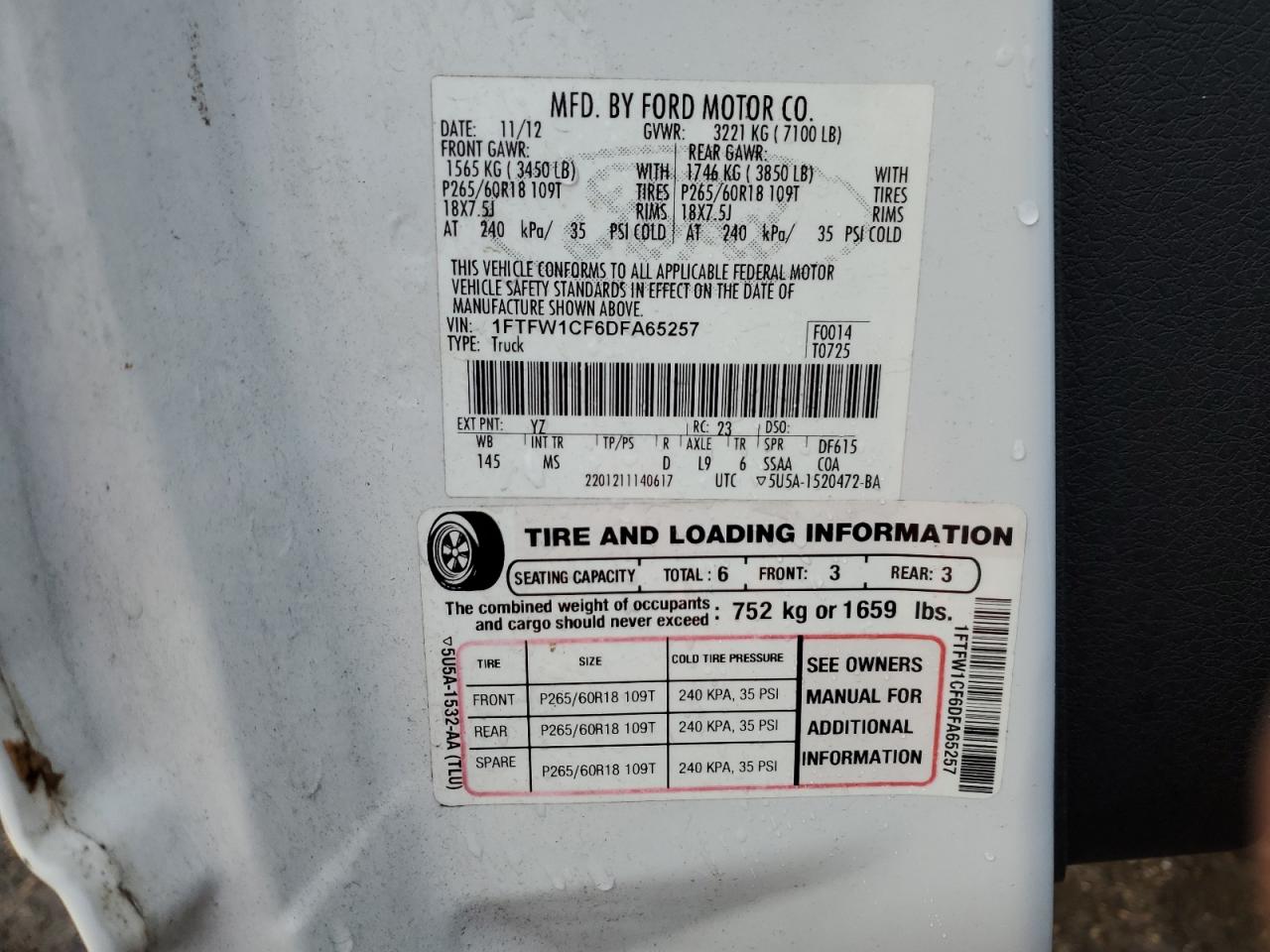 2013 Ford F150 Supercrew VIN: 1FTFW1CF6DFA65257 Lot: 87913415