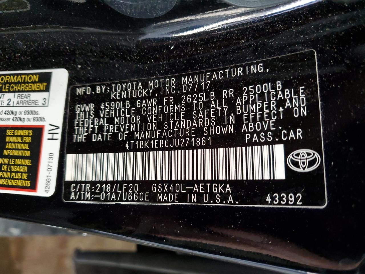 VIN 4T1BK1EB0JU271861 2018 TOYOTA AVALON no.12