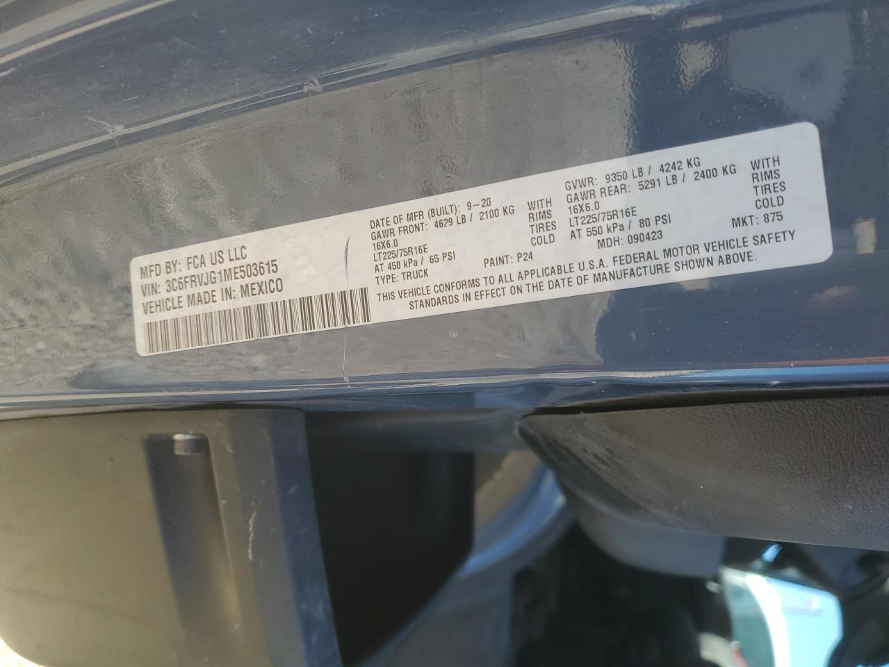 2021 Ram Promaster 3500 3500 High VIN: 3C6FRVJG1ME503615 Lot: 88110535
