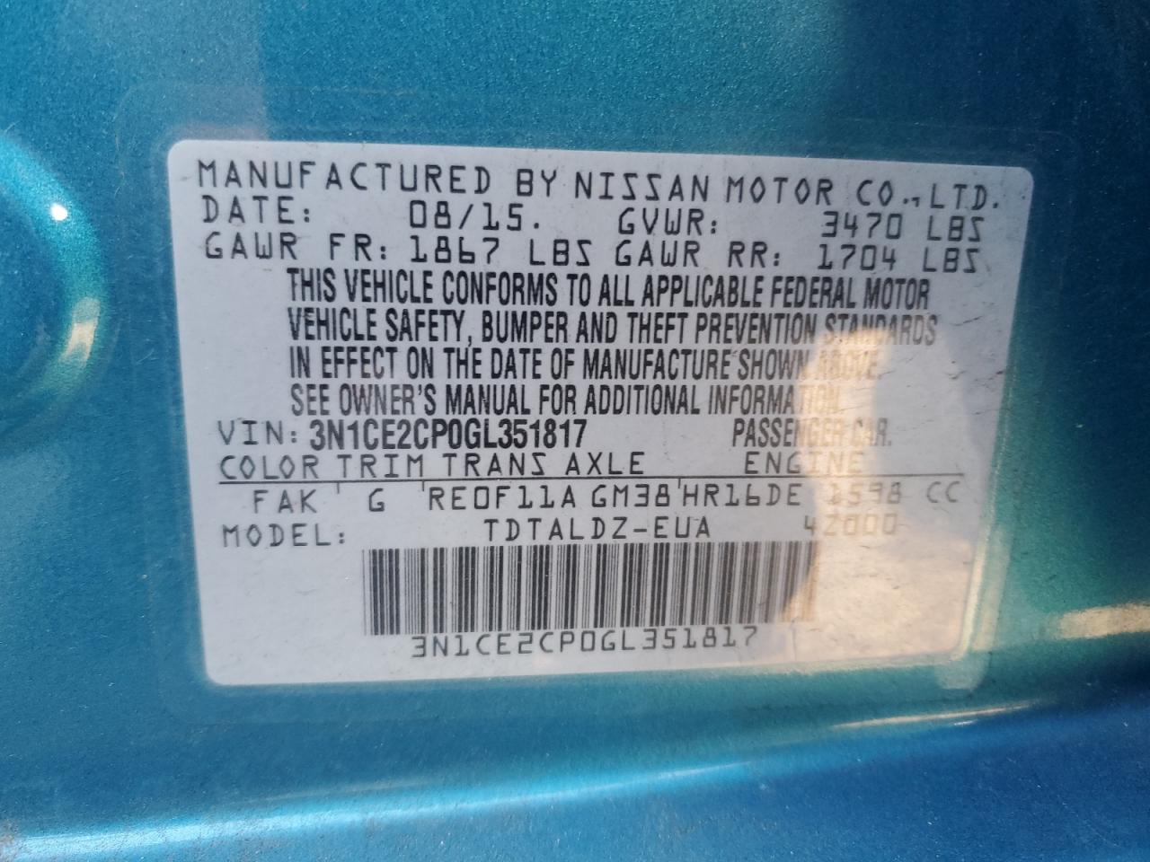 VIN 3N1CE2CP0GL351817 2016 NISSAN VERSA no.12