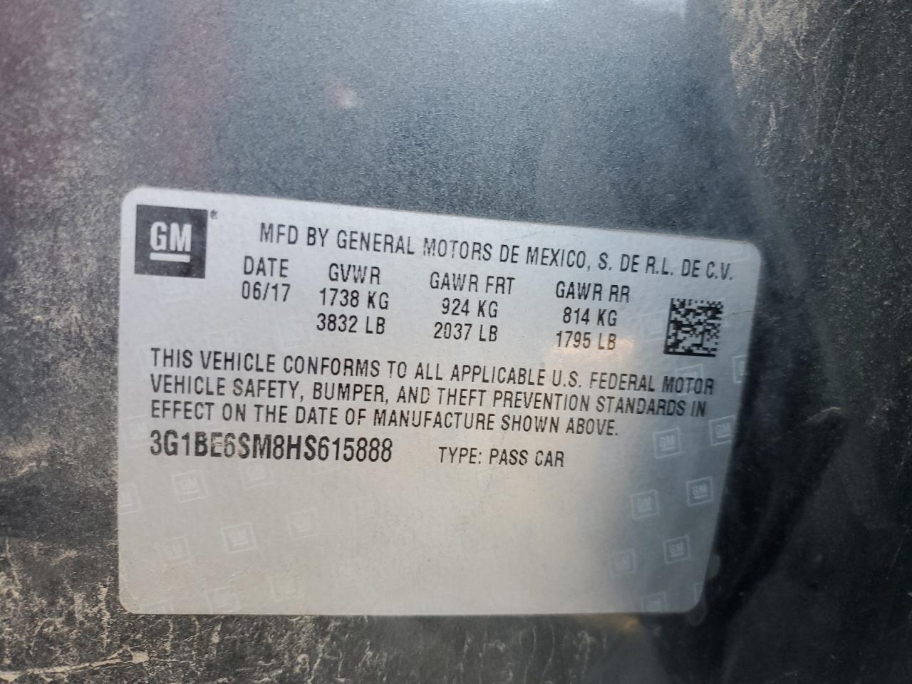 2017 Chevrolet Cruze Lt VIN: 3G1BE6SM8HS615888 Lot: 86637024