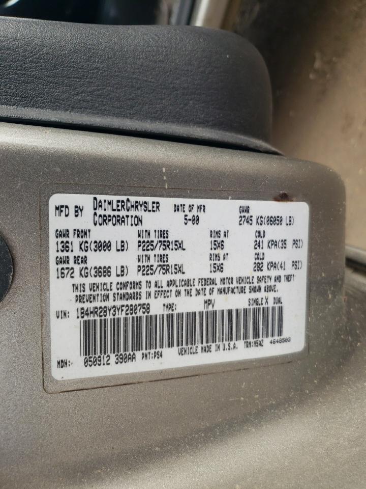 2000 Dodge Durango VIN: 1B4HR28Y3YF280758 Lot: 89098875